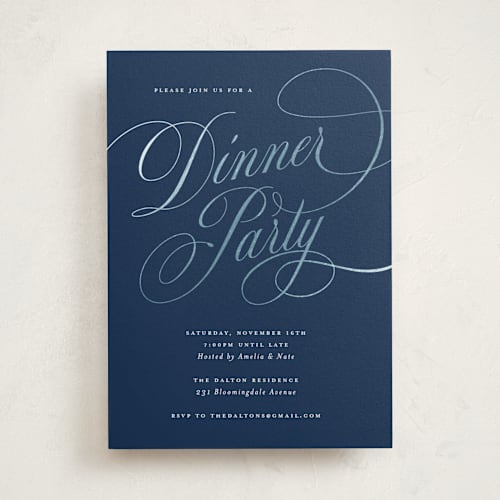 This is a navy holiday party invitations with foil pressed by Spinsugar called fancy feast printing on signature in standard