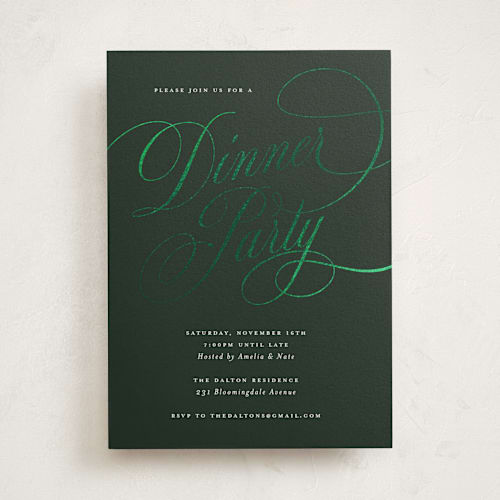 This is a forest holiday party invitations with foil pressed by Spinsugar called fancy feast printing on signature in standard