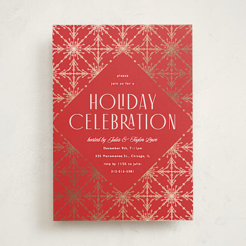 This is a cardinal holiday party invitations with foil pressed by Melanie Kosuge called filigree printing on signature in standard
