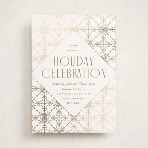 This is a starlight holiday party invitations with foil pressed by Melanie Kosuge called filigree printing on signature in standard