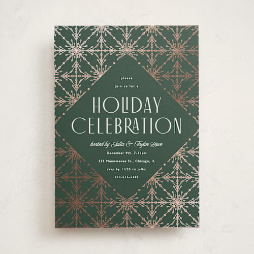 This is a evergreen holiday party invitations with foil pressed by Melanie Kosuge called filigree printing on signature in standard
