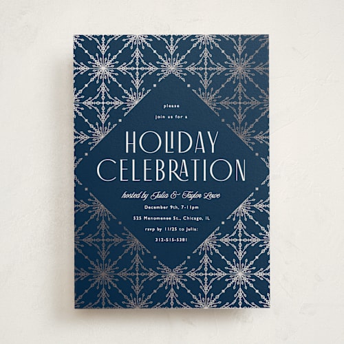 This is a midnight holiday party invitations with foil pressed by Melanie Kosuge called filigree printing on signature in standard