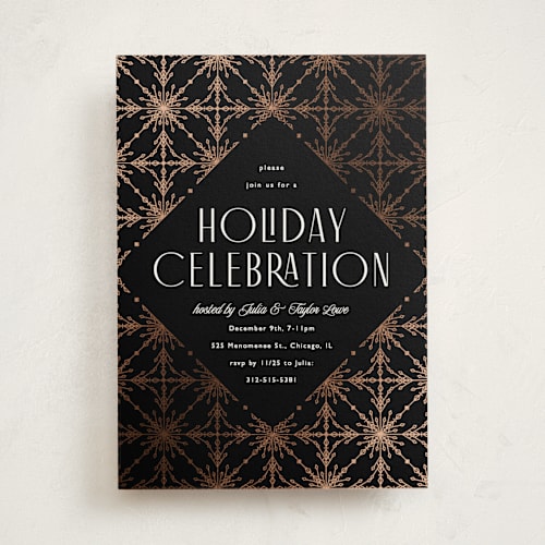 This is a ink holiday party invitations with foil pressed by Melanie Kosuge called filigree printing on signature in standard
