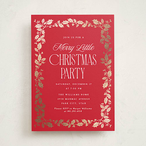 This is a poinsettia holiday party invitations with foil pressed by Robert and Stella called holly border printing on signature in standard
