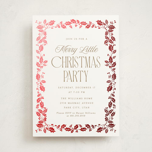 This is a snow holiday party invitations with foil pressed by Robert and Stella called holly border printing on signature in standard