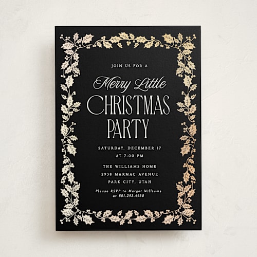This is a coal holiday party invitations with foil pressed by Robert and Stella called holly border printing on signature in standard
