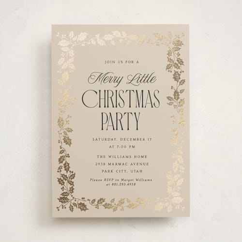 This is a eggnog holiday party invitations with foil pressed by Robert and Stella called holly border printing on signature in standard