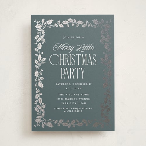 This is a blue spruce holiday party invitations with foil pressed by Robert and Stella called holly border printing on signature in standard
