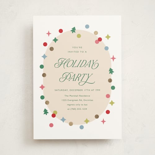 This is a rainbow holiday party invitations with foil pressed by Carolyn MacLaren called holiday confetti printing on signature in standard