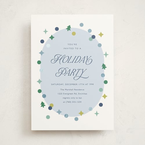 This is a sky holiday party invitations with foil pressed by Carolyn MacLaren called holiday confetti printing on signature in standard