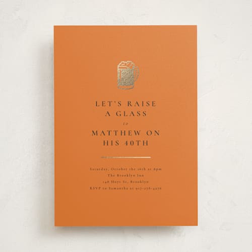 This is a autumn holiday party invitations with foil pressed by mo kelley called raise a glass printing on signature in standard