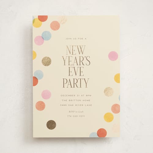 This is a coral holiday party invitations with foil pressed by Ellen Schlegelmilch called confetti dots printing on signature in standard
