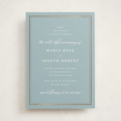 This is a powder blue holiday party invitations with foil pressed by Jennifer Postorino called polished printing on signature in standard