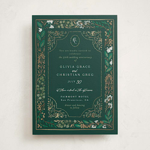 This is a evergreen holiday party invitations with foil pressed by Alethea and Ruth called illuminated storybook printing on signature in standard