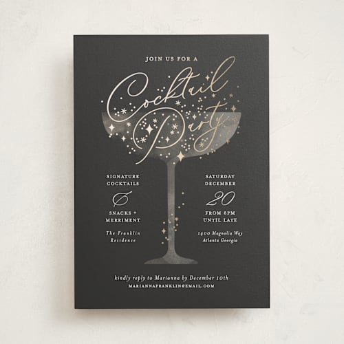 This is a midnight holiday party invitations with foil pressed by Paper Raven Co. called cocktails! printing on signature in standard