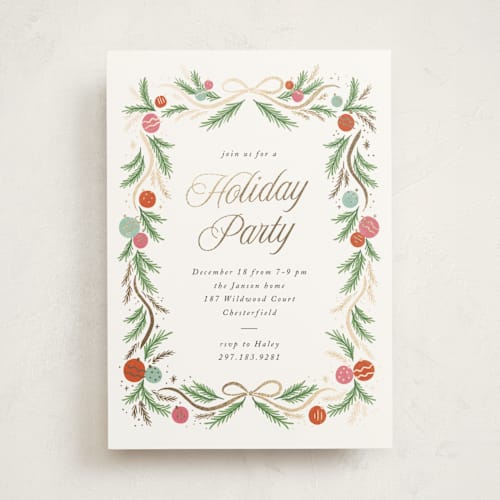 This is a holly holiday party invitations with foil pressed by Laura Hankins called glittering garland printing on signature in standard