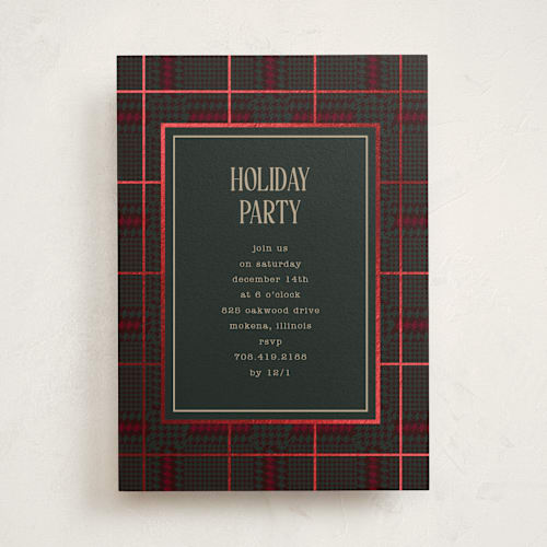 This is a holly holiday party invitations with foil pressed by Baumbirdy called plaid party printing on signature in standard