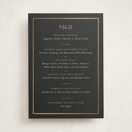 This is a charcoal party stationery with foil pressed by Lucrecia Caporale called timeless charm printing on signature in standard