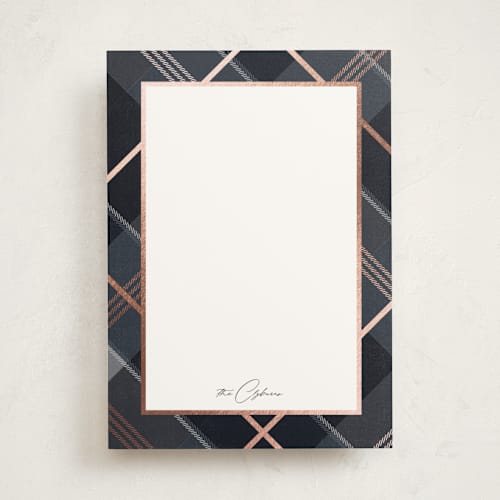 This is a midnight personalized stationery thank you cards with foil pressed by Rebecca Durflinger called shimmering tartan printing on signature in 5x7