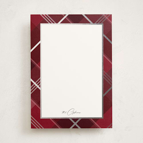 This is a cranberry personalized stationery thank you cards with foil pressed by Rebecca Durflinger called shimmering tartan printing on signature in 5x7