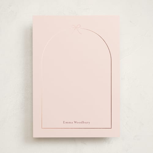 This is a blush personalized stationery thank you cards with foil pressed by Carolyn MacLaren called arching bow printing on signature in 5x7