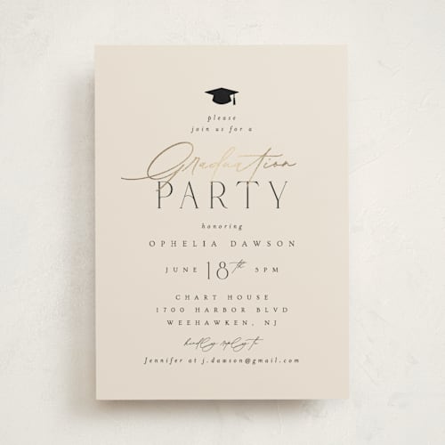 This is a cream graduation invitations with foil pressed by Ana Sharpe called a grad party printing on signature in standard