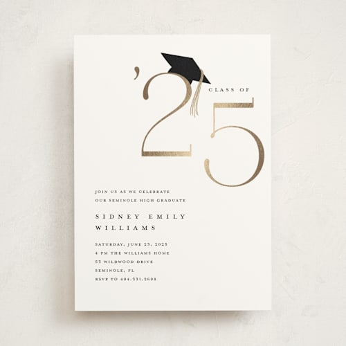 This is a cotton graduation invitations with foil pressed by Stacey Meacham called cap and year printing on signature in standard