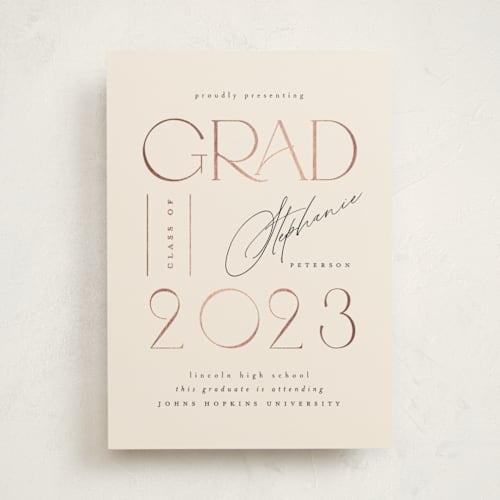 This is a cream graduation invitations with foil pressed by Ana de Sousa called cordially printing on signature in standard