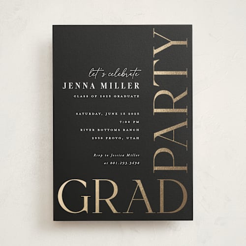 This is a onyx graduation invitations with foil pressed by Robert and Stella called monte carlo printing on signature in standard