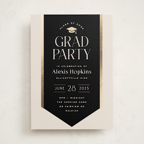 This is a onyx graduation invitations with foil pressed by Hooray Creative called graduation stole printing on signature in standard