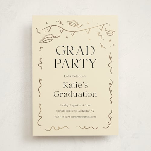 This is a ivory graduation invitations with foil pressed by Zove Ahhh called cheers to the grad printing on signature in standard