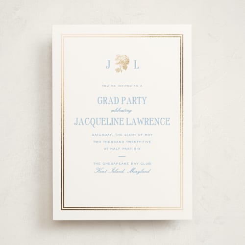 This is a sky blue graduation invitations with foil pressed by Megan Davis called chesapeake printing on signature in standard