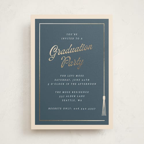 This is a navy graduation invitations with foil pressed by AK Graphics called tasseled printing on signature in standard