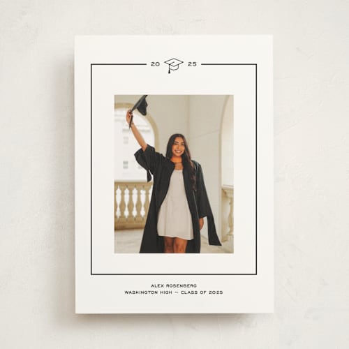 This is a noir graduation announcements with standard by Annie Shapiro called cap frame printing on party paper in photo_mount