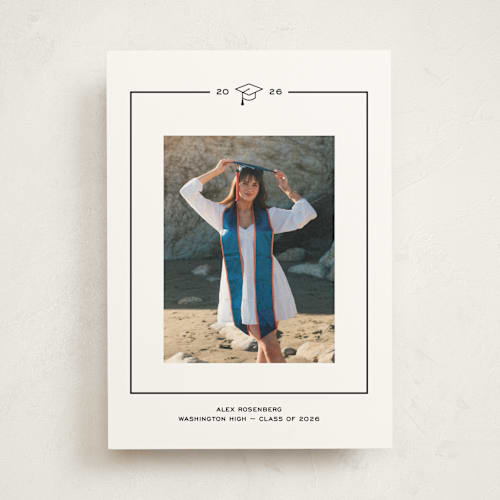 This is a noir graduation announcements with standard by Annie Shapiro called cap frame printing on doublethick in photo_mount