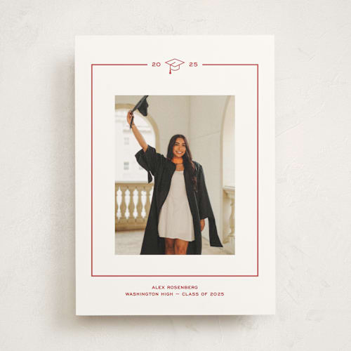 This is a crimson graduation announcements with standard by Annie Shapiro called cap frame printing on doublethick in photo_mount