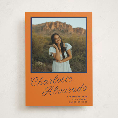 This is a tangerine graduation announcements with standard by Megan Davis called cotillion printing on doublethick in photo_mount