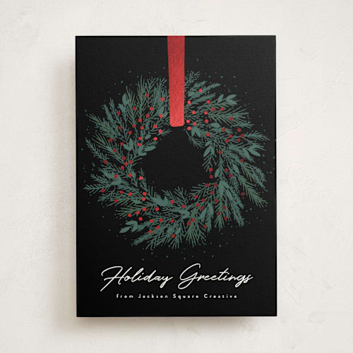 This is a onyx business holiday cards with foil pressed by Kacey Kendrick Wagner called holiday wreath printing on signature in standard