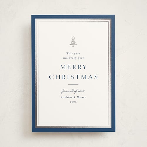 This is a blue spruce business holiday cards with foil pressed by Amy Kross called edged printing on signature in standard