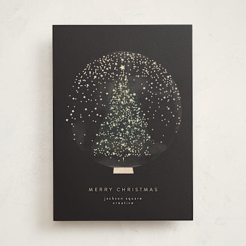 This is a midnight business holiday cards with foil pressed by Lori Wemple called christmas snowglobe printing on signature in standard