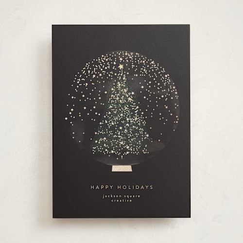 This is a midnight business holiday cards with foil pressed by Lori Wemple called christmas snowglobe printing on signature in standard