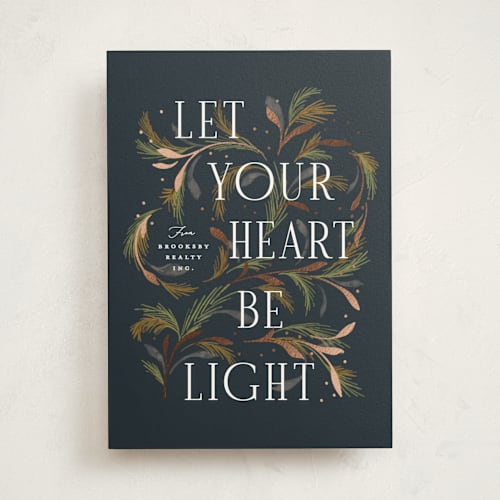 This is a navy business holiday cards with foil pressed by Erin L. Wilson called flora printing on signature in standard