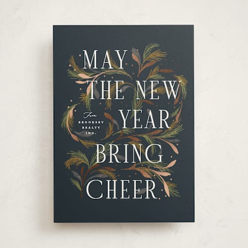 This is a navy business holiday cards with foil pressed by Erin L. Wilson called flora printing on signature in standard