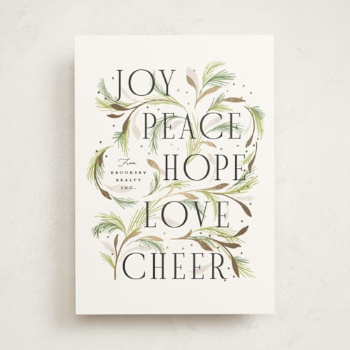 This is a greenery business holiday cards with foil pressed by Erin L. Wilson called flora printing on signature in standard