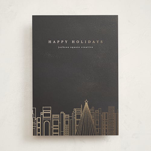 This is a midnight business holiday cards with foil pressed by Anna Joseph called holiday skyline printing on signature in standard