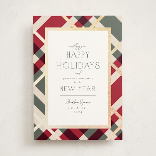 This is a berry business holiday cards with foil pressed by Chris Griffith called plaid suit holiday printing on signature in standard