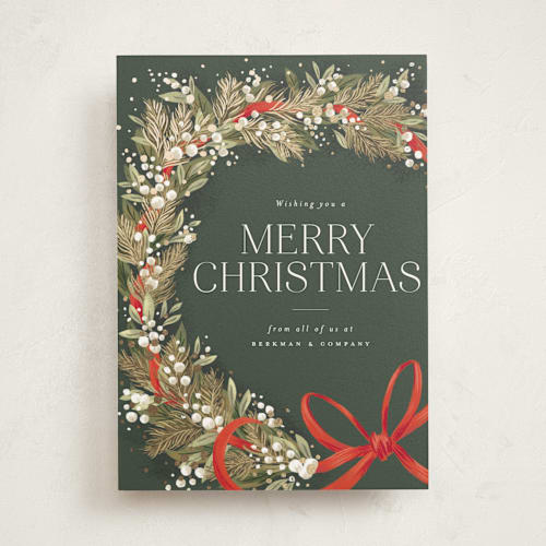 This is a wreath business holiday cards with foil pressed by Jackie Crawford called festive side ribbon wreath printing on signature in standard