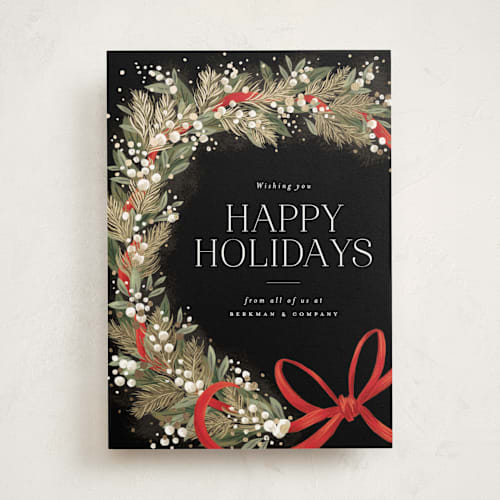This is a coal business holiday cards with foil pressed by Jackie Crawford called festive side ribbon wreath printing on signature in standard