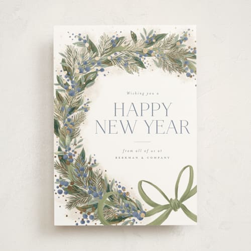 This is a juniper business holiday cards with foil pressed by Jackie Crawford called festive side ribbon wreath printing on signature in standard