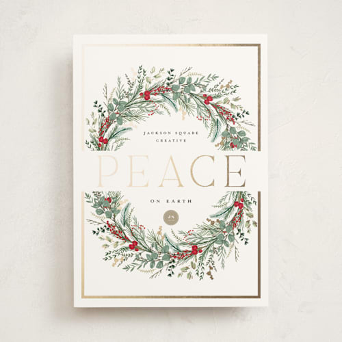 This is a candy cane business holiday cards with foil pressed by Susan Moyal called peace on earth printing on signature in standard